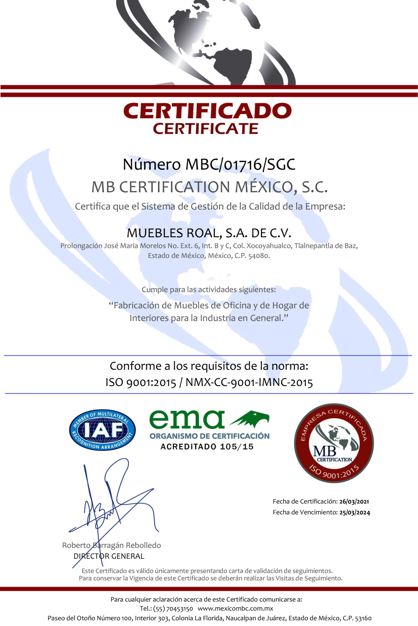 “empresa Certificada Iso 9001 2015 Nmx Cc 9001 Imnc 2015 Por Mb